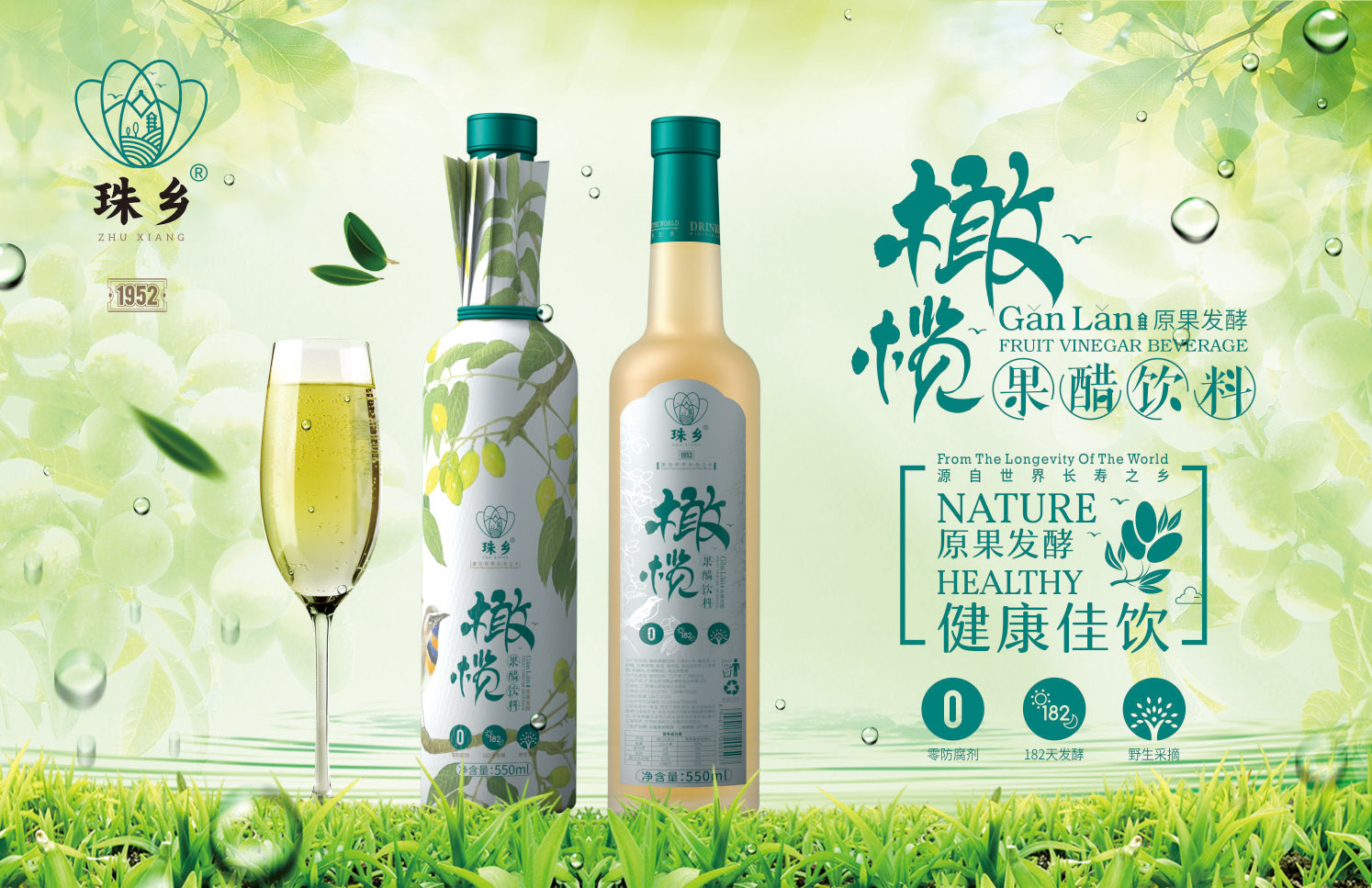珠乡橄榄果醋饮料（玻璃瓶礼盒装）550ml*2瓶/箱